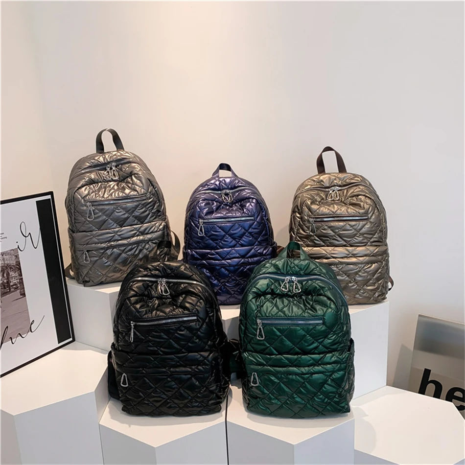 Quilted Down Fabric Backpack for Women Laptop Travel School Bagpack