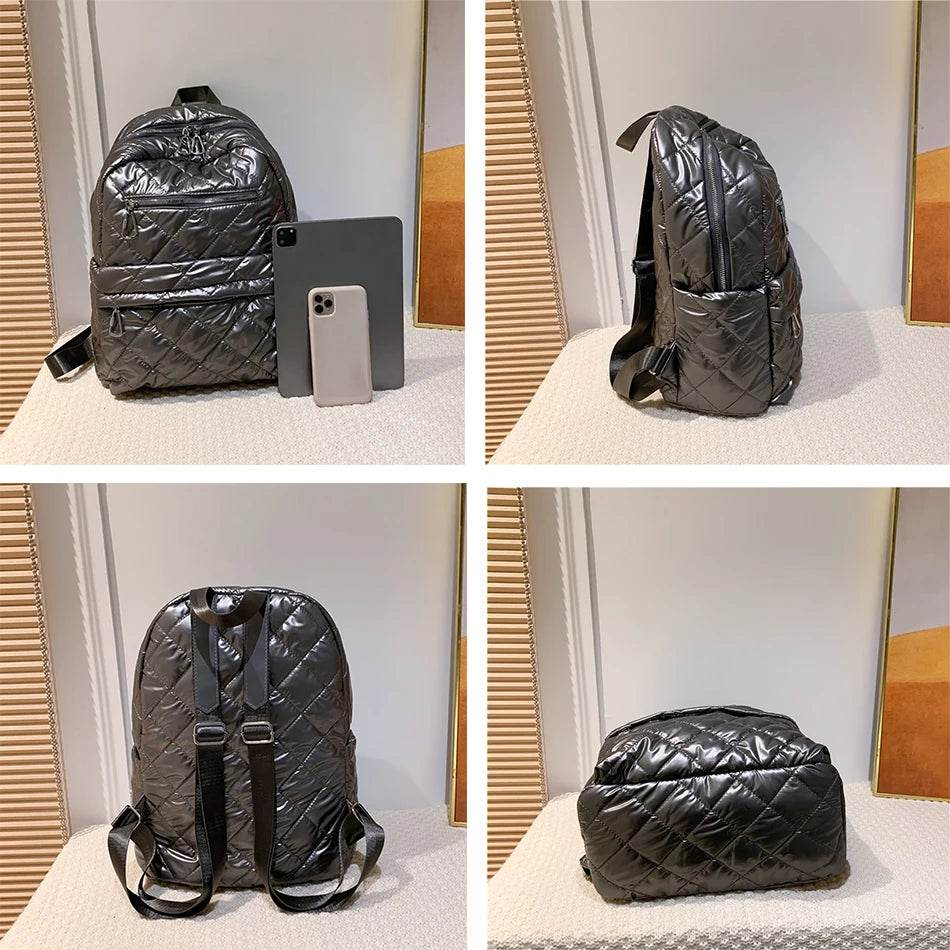 Quilted Down Fabric Backpack for Women Laptop Travel School Bagpack