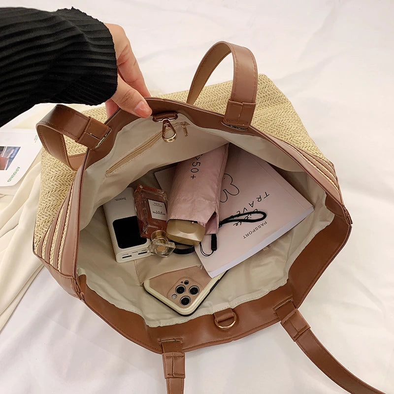 Linen Woven Tote Bag for Women Large Capacity Shoulder Handbag Travel Purse