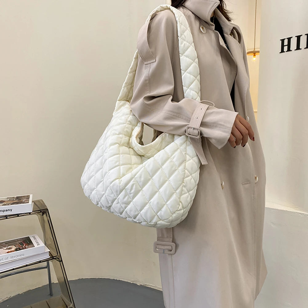 Large Capacity Shoulder Bag Women Lattice Pattern Handbag Solid Travel Totes