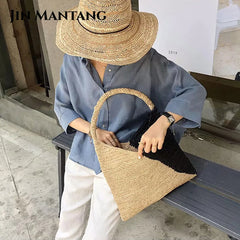 Large Straw Bag for Women Hand-Woven Shoulder Tote Beach Purse