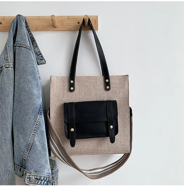 Casual Linen Shoulder Bag Wide Strap Handbag Big Tote