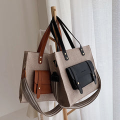 Casual Linen Shoulder Bag Wide Strap Handbag Big Tote