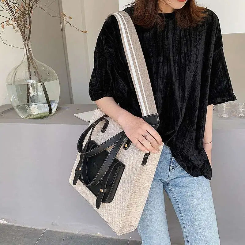 Casual Linen Shoulder Bag Wide Strap Handbag Big Tote