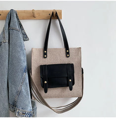 Casual Linen Shoulder Bag Wide Strap Handbag Big Tote