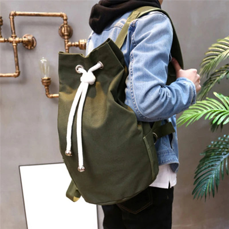Canvas Large Capacity Barrel Backpack Army Green Rucksack