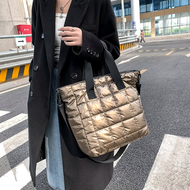 Green Quilted Shoulder Bag Nylon Handbag for Women