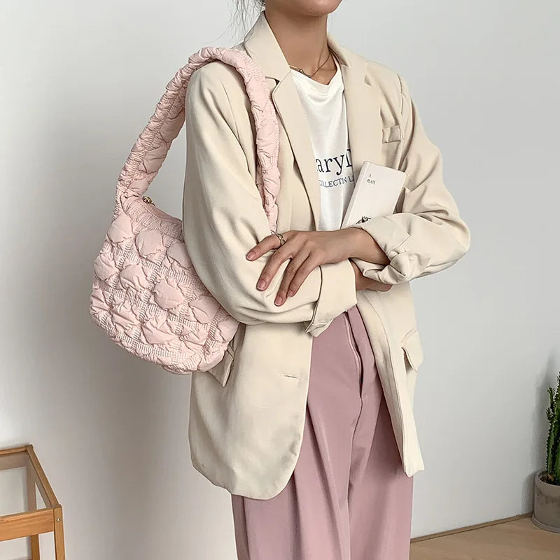 Casual Nylon Lingge Quilted Women Shoulder Bag Ruched Padded Crossbody