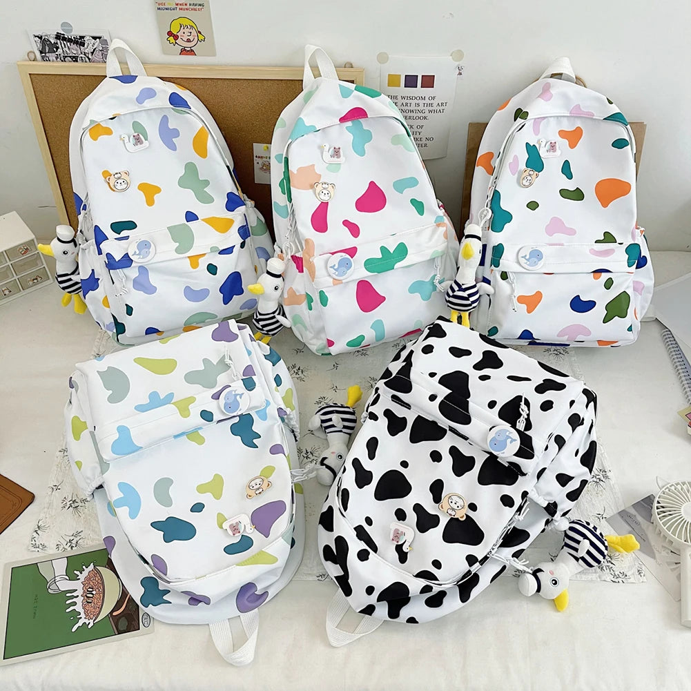 Cow Spots Printing Nylon School Shoulder Bag