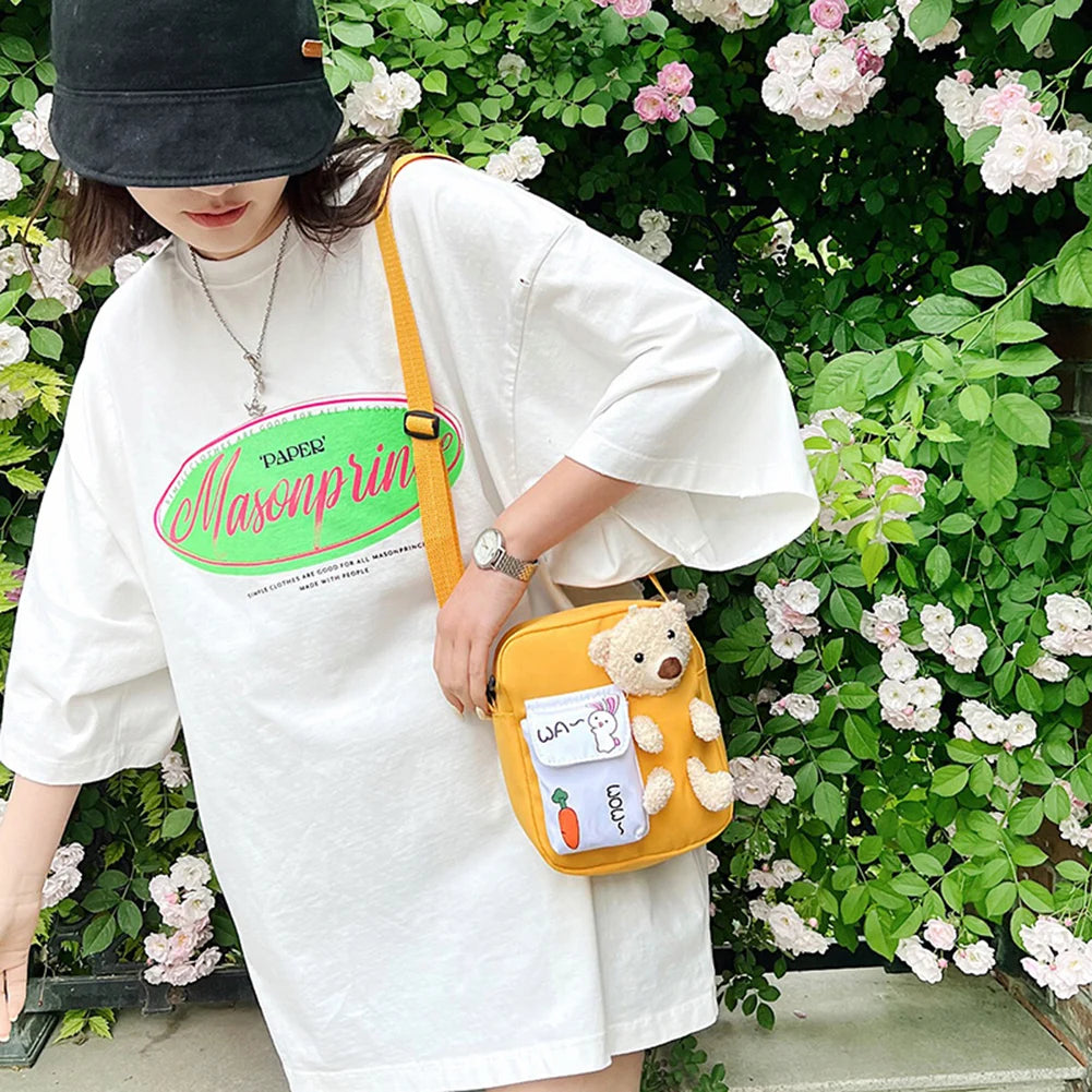 Cartoon Bear Nylon Crossbody Bag for Girls Students