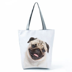 Casual Pug Printed Handbag Animal High Capacity Eco Reusable Shopping Bag
