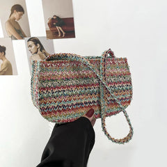 Casual Woven Shoulder Handbag Purse Retro Beach Vacation Bag