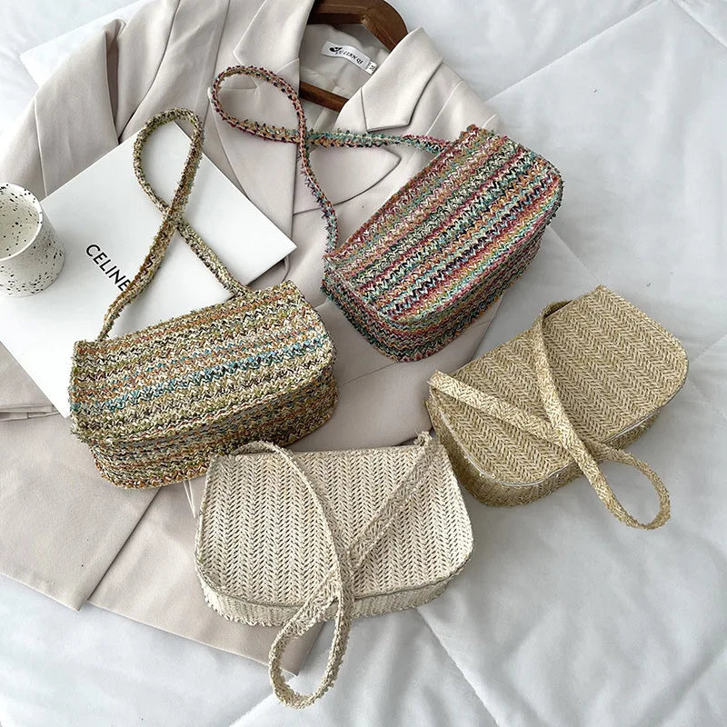 Casual Woven Shoulder Handbag Purse Retro Beach Vacation Bag