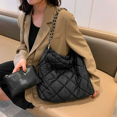Quilted Padded Large Capacity Tote Bag with Chains Women Shoulder Bags