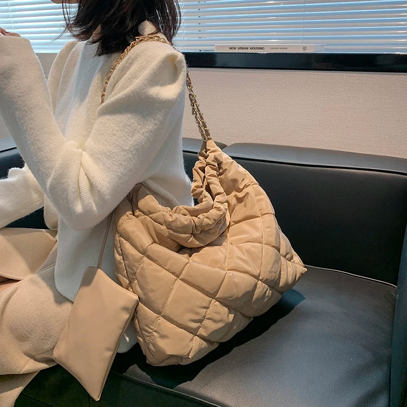 Quilted Padded Large Capacity Tote Bag with Chains Women Shoulder Bags