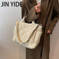 Quilted Women Shoulder Bags Canvas Tote Soft Padded Handbags Lingge Shopper