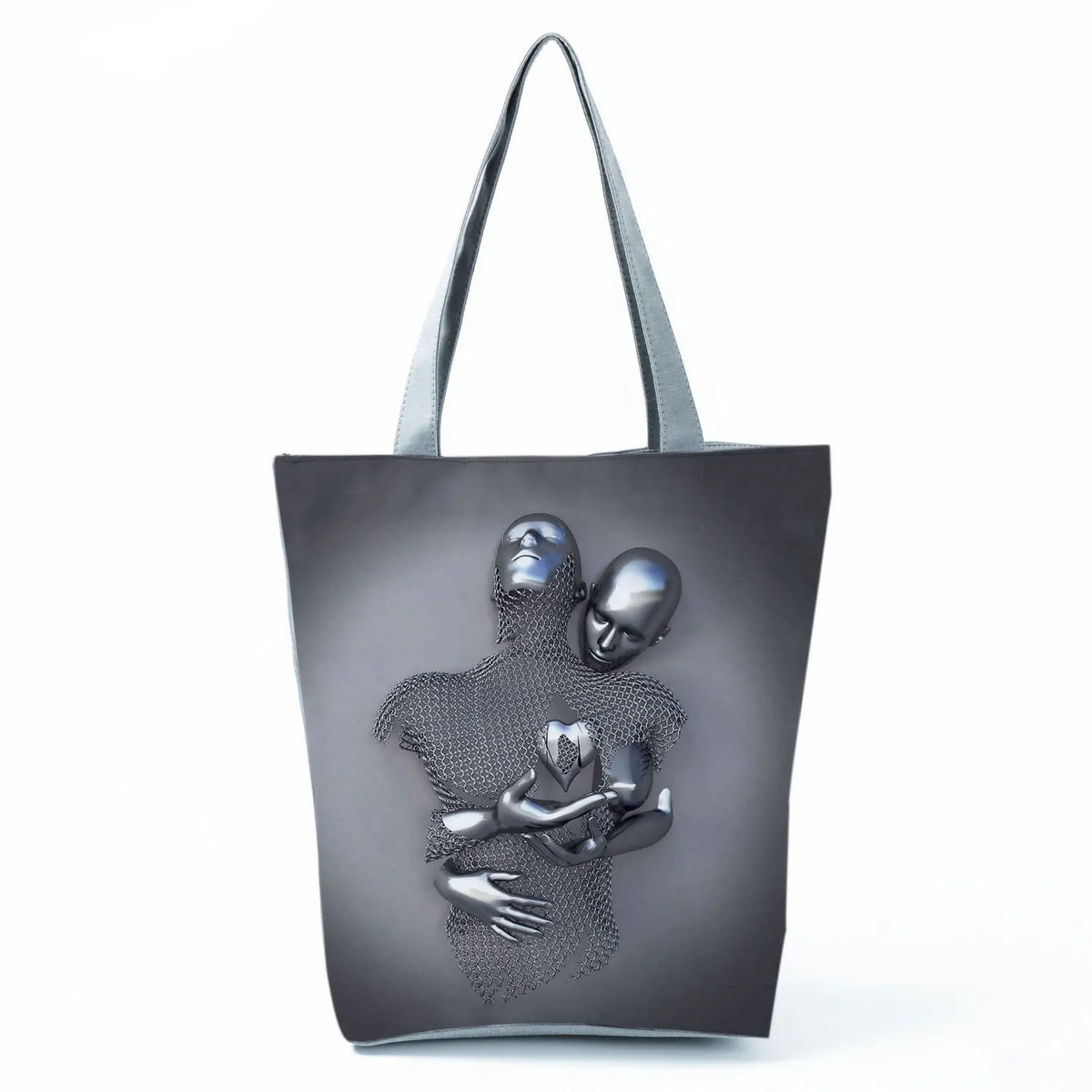 Romantic Abstract Tote Handbag Metal Figure Statue Art 3D Love Grey Print