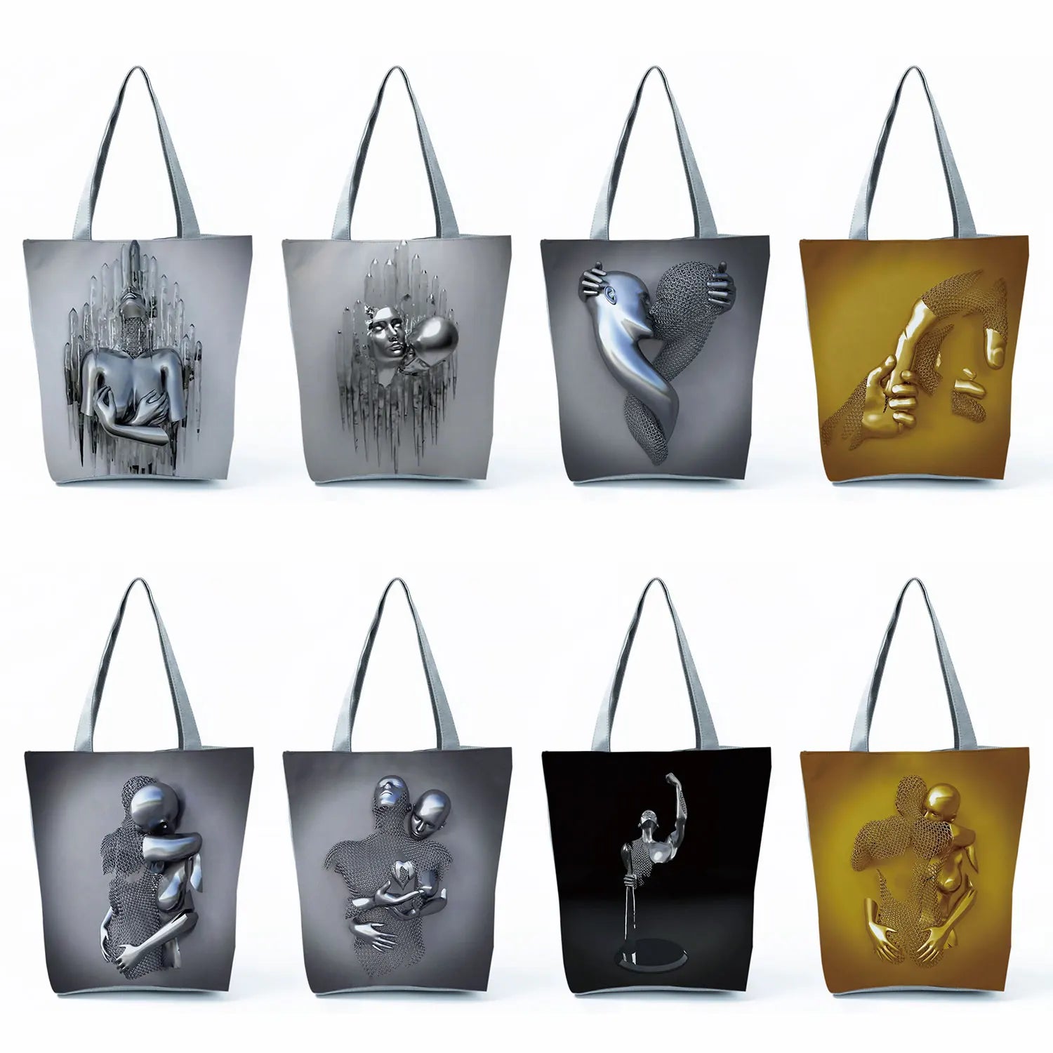 Romantic Abstract Tote Handbag Metal Figure Statue Art 3D Love Grey Print