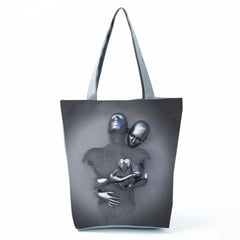 Romantic Abstract Tote Handbag Metal Figure Statue Art 3D Love Grey Print