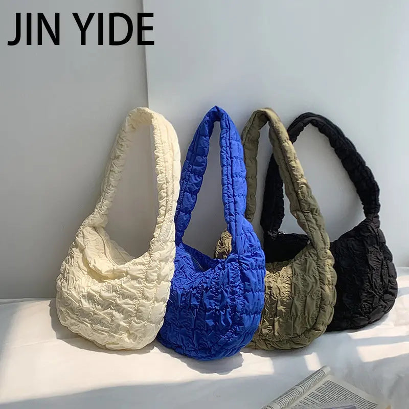 Casual Ruched Quilted Women Shoulder Bags Hobos Nylon Lady Handbags