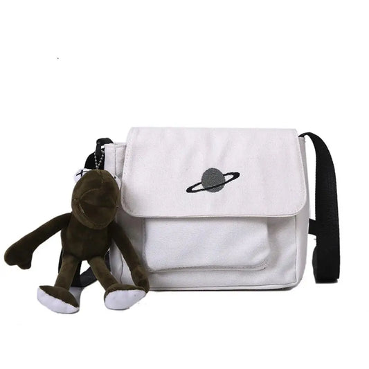 Canvas Shoulder Bag Messenger with Frog Embroidery