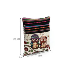 Women Owl Printed Messenger Bag Double Zipper Shoulder Bag