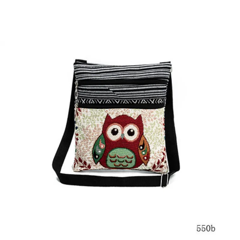 Women Owl Printed Messenger Bag Double Zipper Shoulder Bag