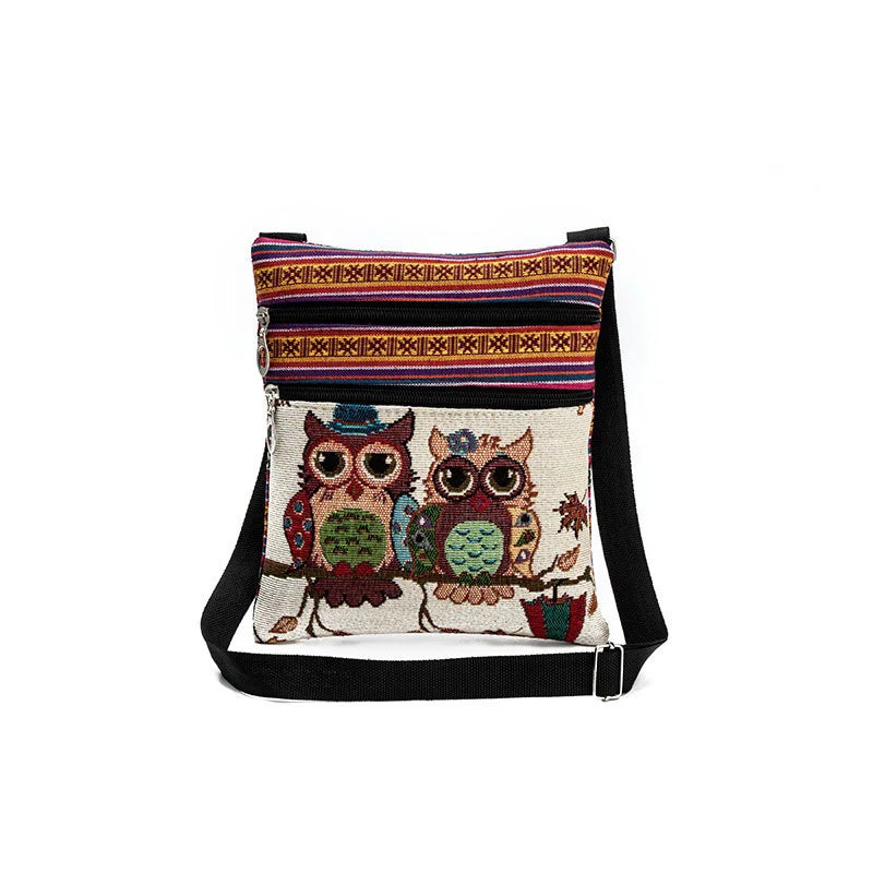 Women Owl Printed Messenger Bag Double Zipper Shoulder Bag