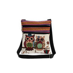 Women Owl Printed Messenger Bag Double Zipper Shoulder Bag