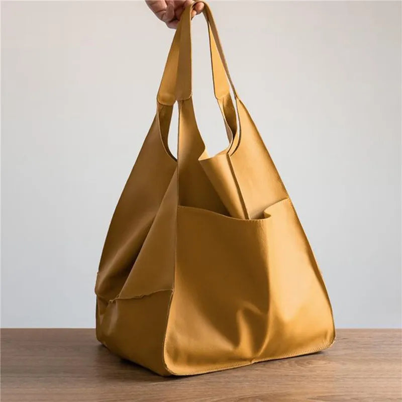 Casual Soft Tote Women Handbags Aged Metal Look PU Leather Shoulder Bag