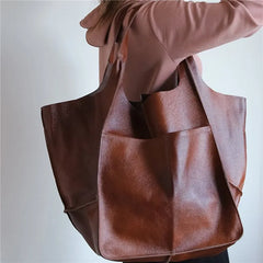 Casual Soft Tote Women Handbags Aged Metal Look PU Leather Shoulder Bag