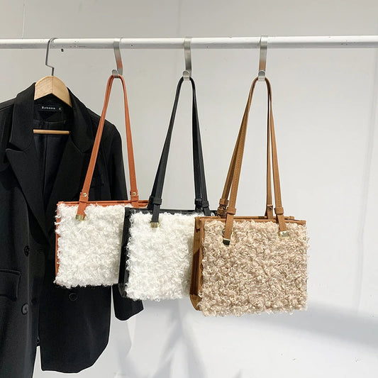 Soft Lambswool Large Totes Bags for Women Winter Plush Handbags