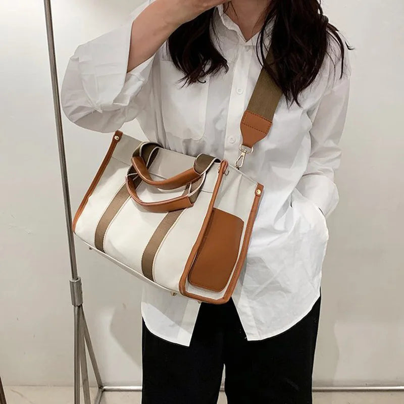 Striped Canvas Tote Bag for Women Handbags Shoulder Crossbody Bags