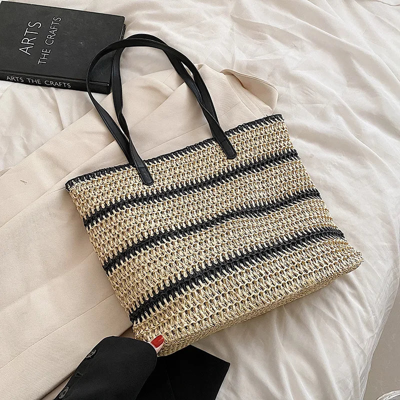 Striped Straw Bag For Women Large Capacity Woven Shoulder Bag