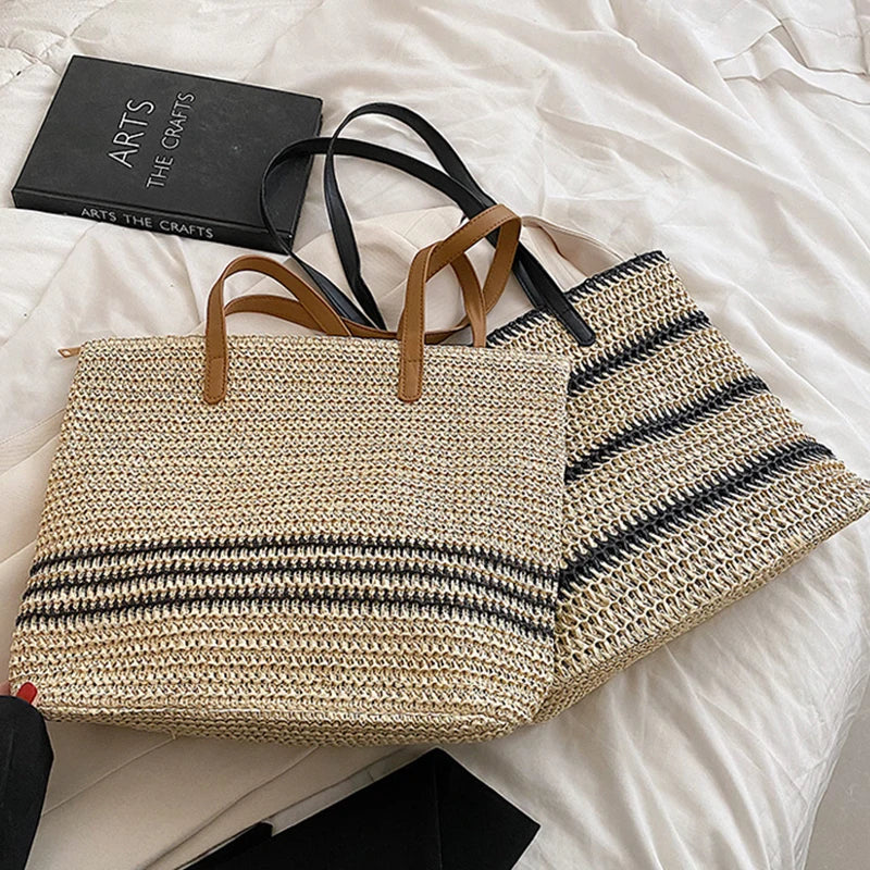 Striped Straw Bag For Women Large Capacity Woven Shoulder Bag