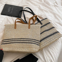 Striped Straw Bag For Women Large Capacity Woven Shoulder Bag