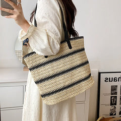 Striped Straw Bag For Women Large Capacity Woven Shoulder Bag