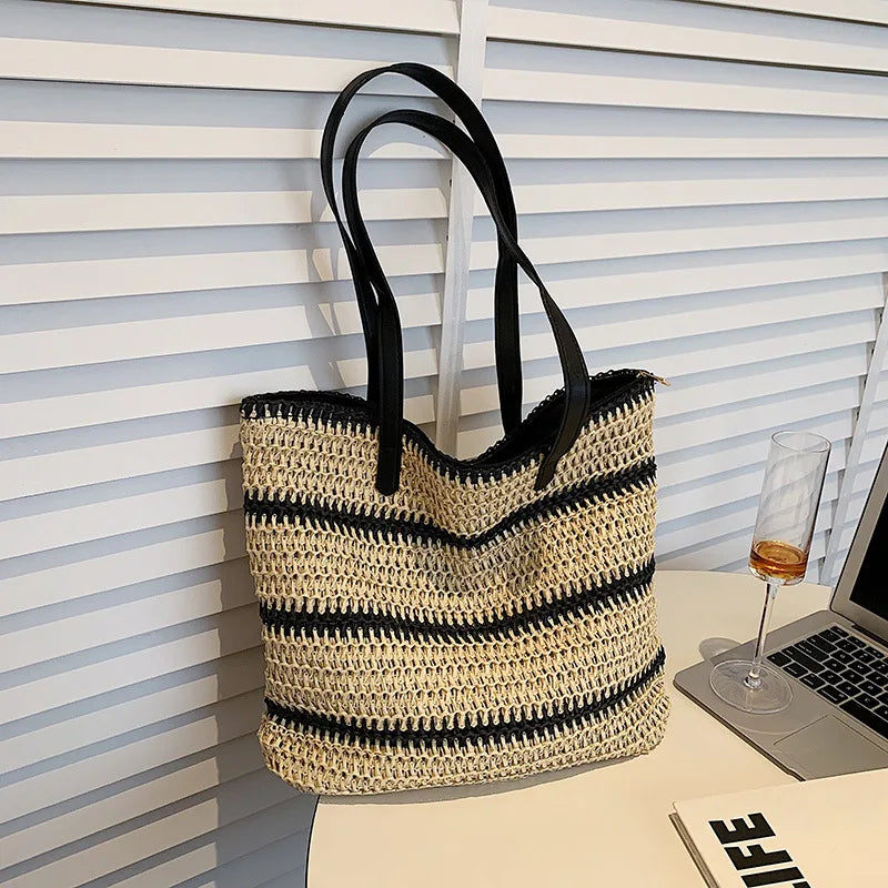 Striped Straw Bag For Women Large Capacity Woven Shoulder Bag