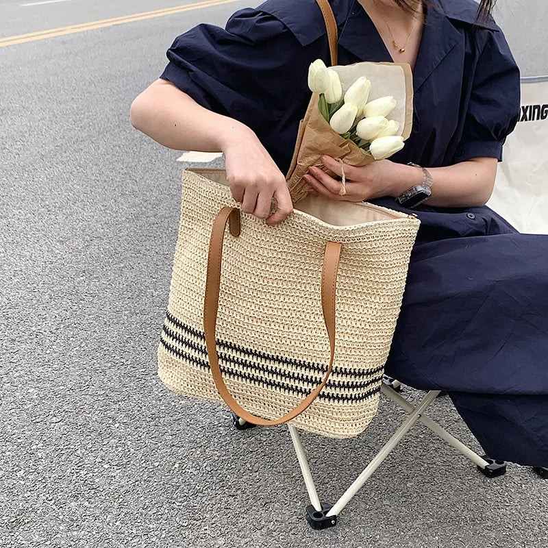 Striped Straw Bag For Women Large Capacity Woven Shoulder Bag