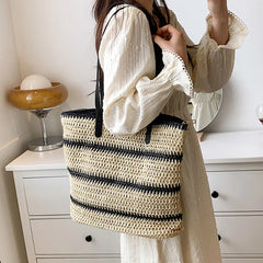 Striped Straw Bag For Women Large Capacity Woven Shoulder Bag