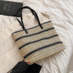Striped Straw Bag For Women Large Capacity Woven Shoulder Bag