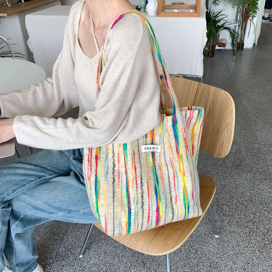 Women's Rainbow Stripe Tote Handbag Shoulder Bag