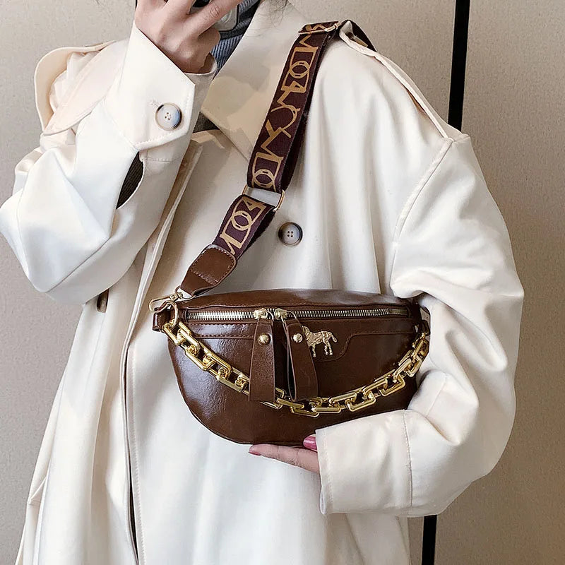 Women's Leather Crossbody Bag Chain Chest Bag Shoulder Fanny Packs