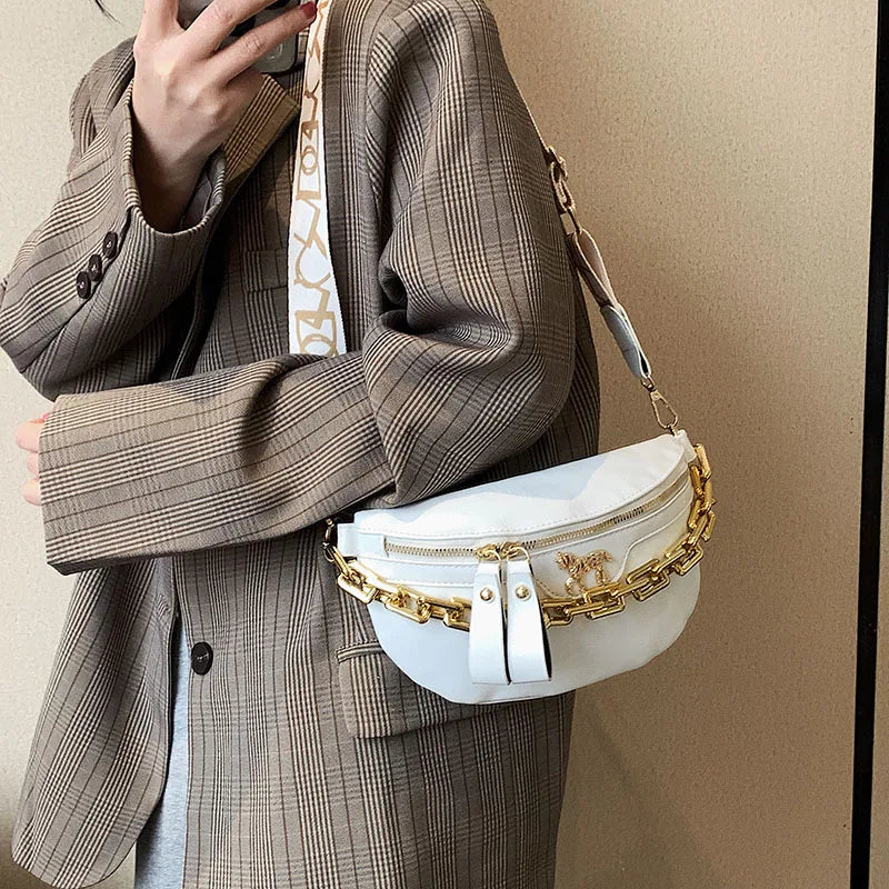 Women's Leather Crossbody Bag Chain Chest Bag Shoulder Fanny Packs