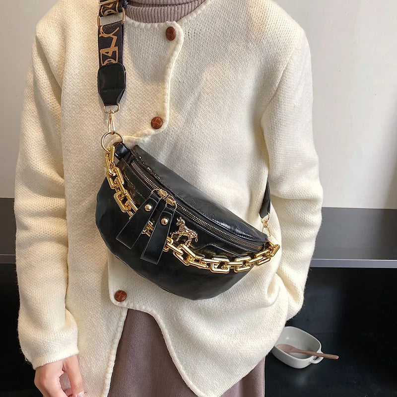 Women's Leather Crossbody Bag Chain Chest Bag Shoulder Fanny Packs