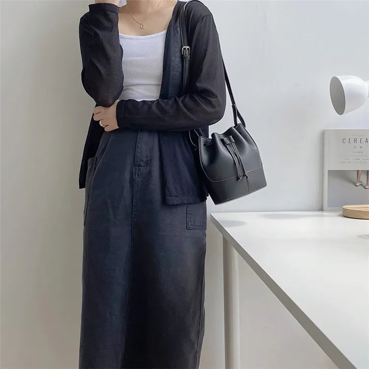 Women's PU Leather Draw Bucket Shoulder Bag