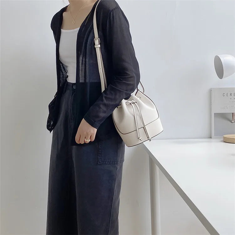 Women's PU Leather Draw Bucket Shoulder Bag