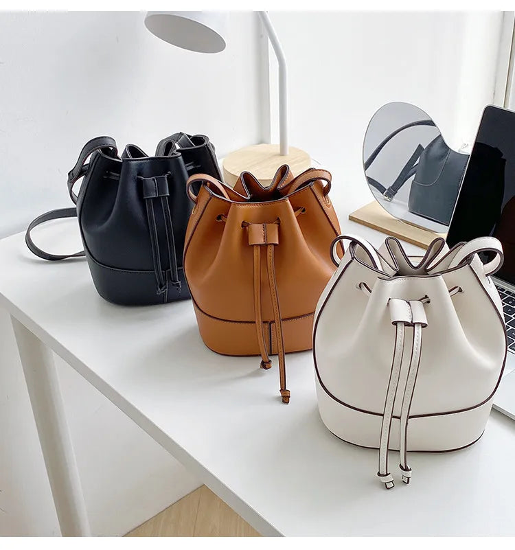 Women's PU Leather Draw Bucket Shoulder Bag