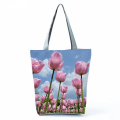 Casual Women Shopping Tote Bags High Tulip Floral Print Handbags