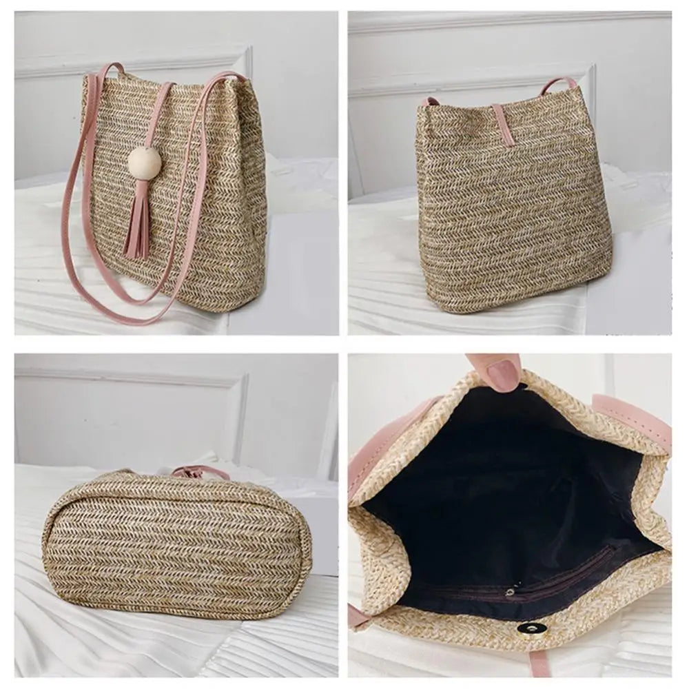 Casual One-shoulder Straw Bag Wild Bucket Bag Weave Handbag